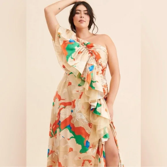 Anthropologie Ruffled One-Shoulder Floral Dress - Picture 2 of 7
